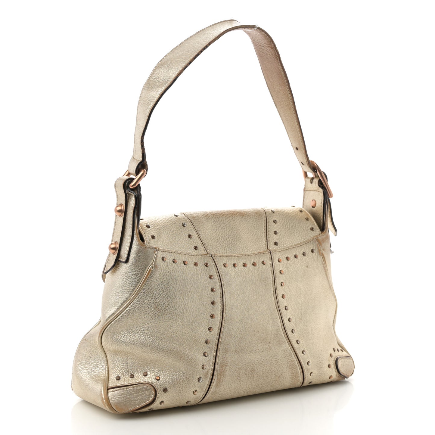 Metallic Calfskin Horsebit Chain Studded Flap Shoulder Bag Gold