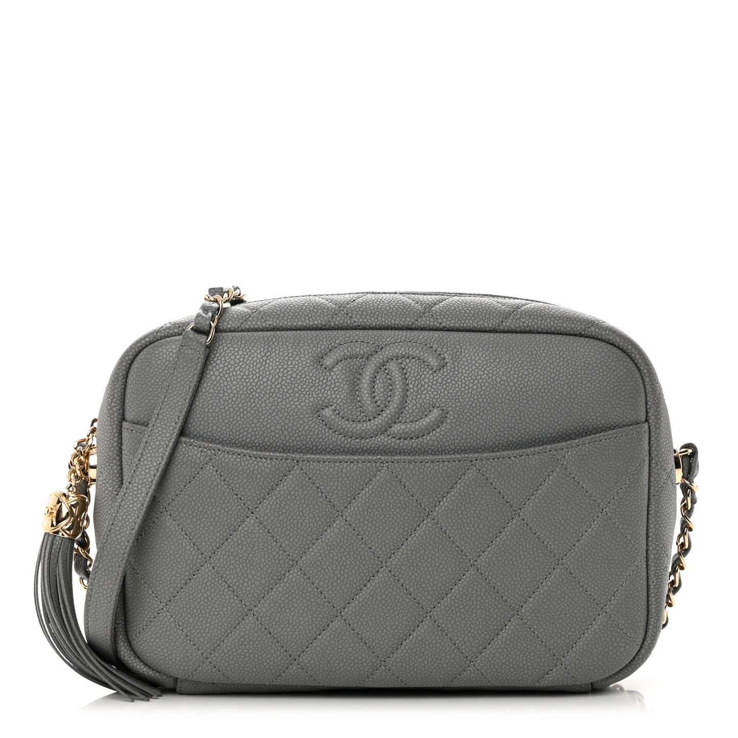 Iridescent Caviar Flat Quilted Small Coco Tassel Camera Case Grey