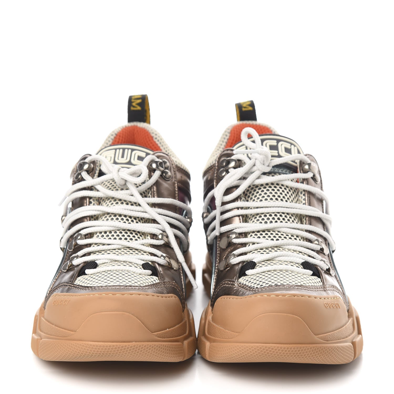 Gucci X SEGA Metallic Calfskin Mesh Womens Flashtrek Sneakers 39 Rame Mystic White Lago 2 of 9