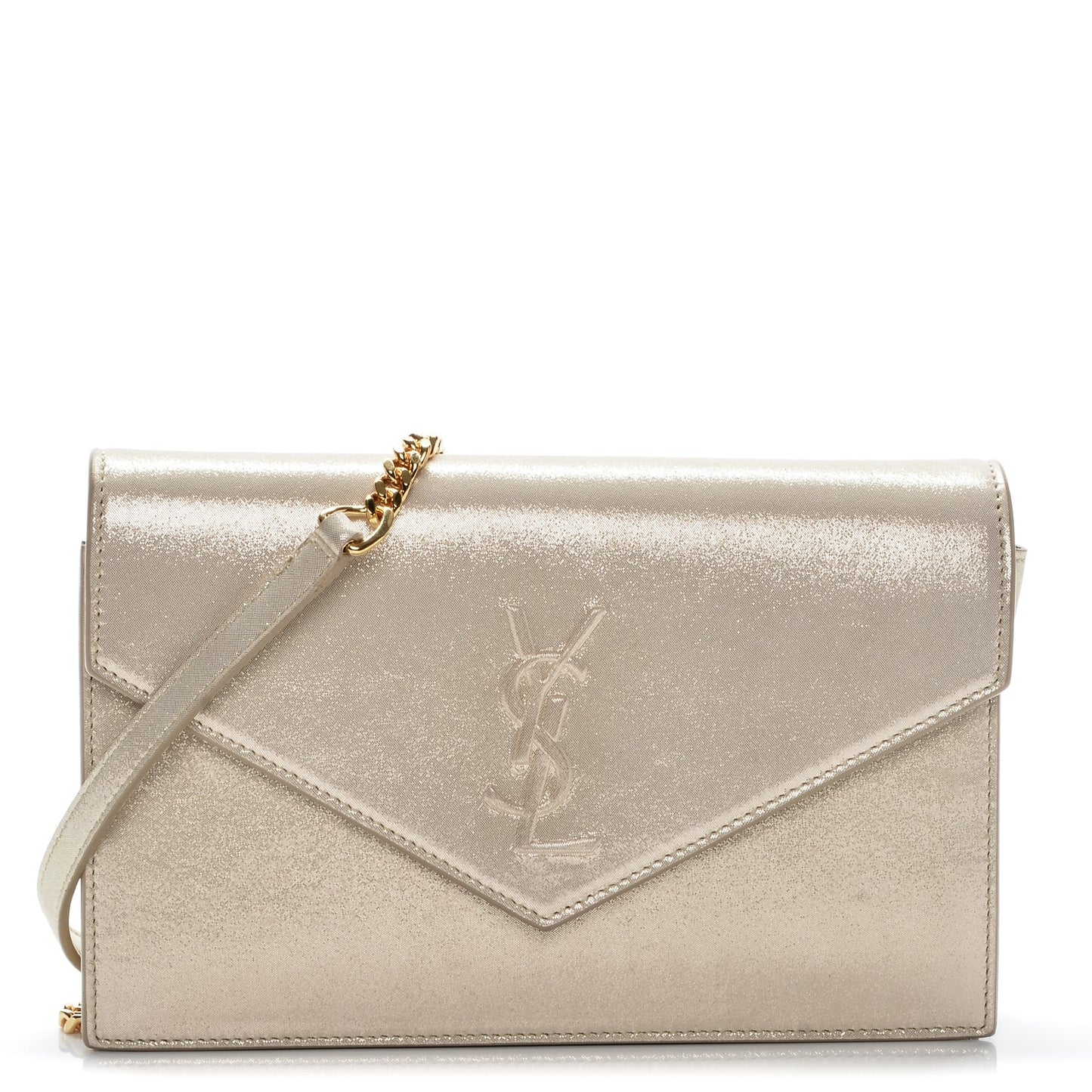 Metallic Fabric Monogram Envelope Chain Wallet Champagne