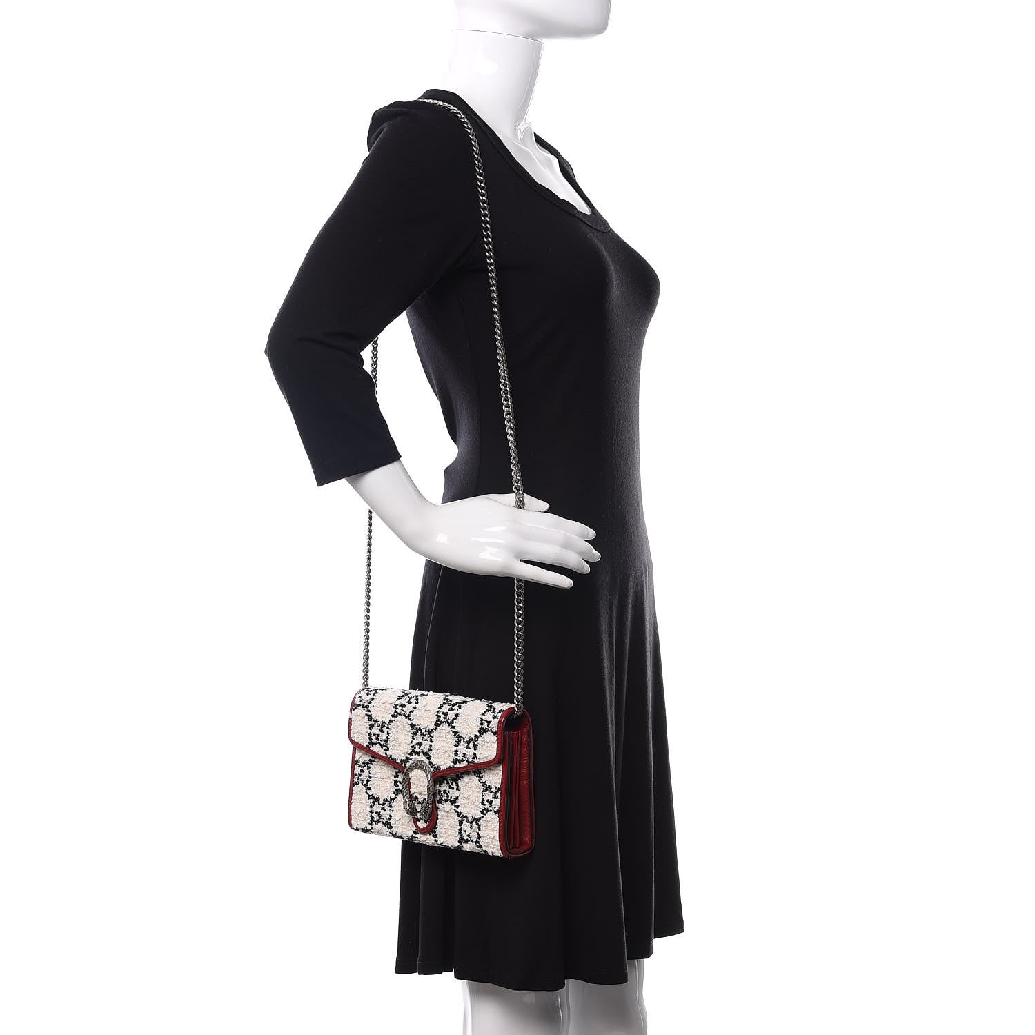 Gucci Tweed GG Monogram Mini Dionysus Chain Wallet White Black Romantic Cherry 2 of 10