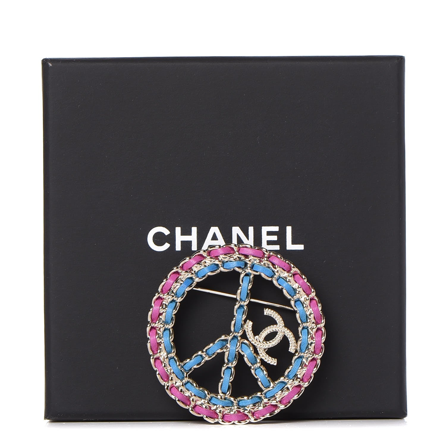 Chanel Metal Calfskin Chain Peace Sign CC Brooch Blue Purple Gold 5 of 5