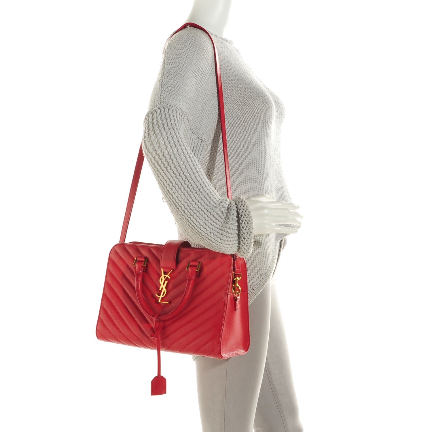 Saint Laurent Calfskin Matelasse Chevron Small Monogram Cabas Lipstick Red 2 of 7