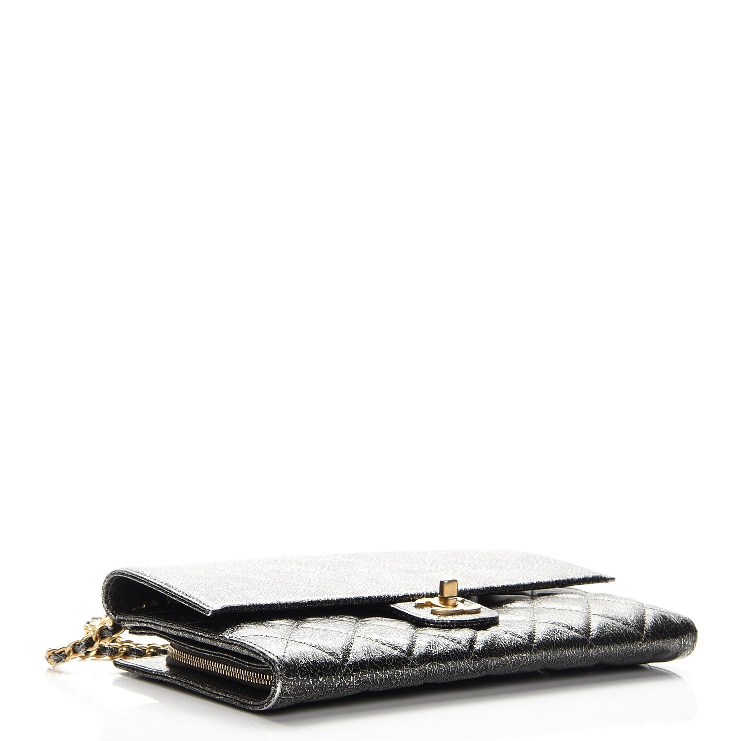 Chanel Cracked Metallic Calfskin Quilted Zip Away Chain Clutch Dark Silver 4 of 9