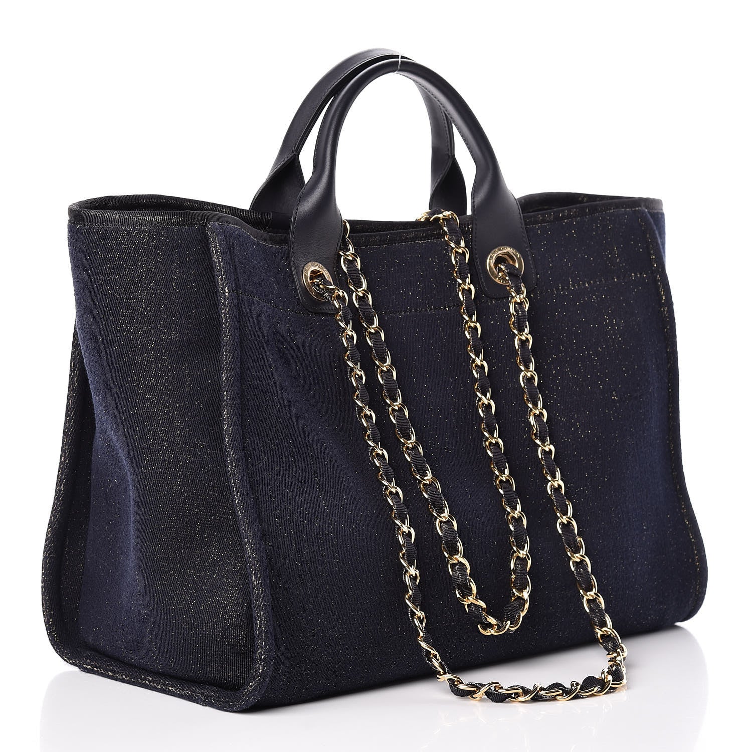 Chanel Lurex Canvas Medium Deauville Tote Navy Blue Gold 3 of 11