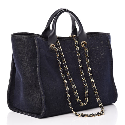 Chanel Lurex Canvas Medium Deauville Tote Navy Blue Gold 3 of 11