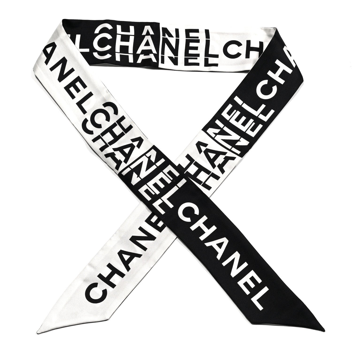 Chanel Silk Logo Slim Bandeau Scarf Black White 1 of 4