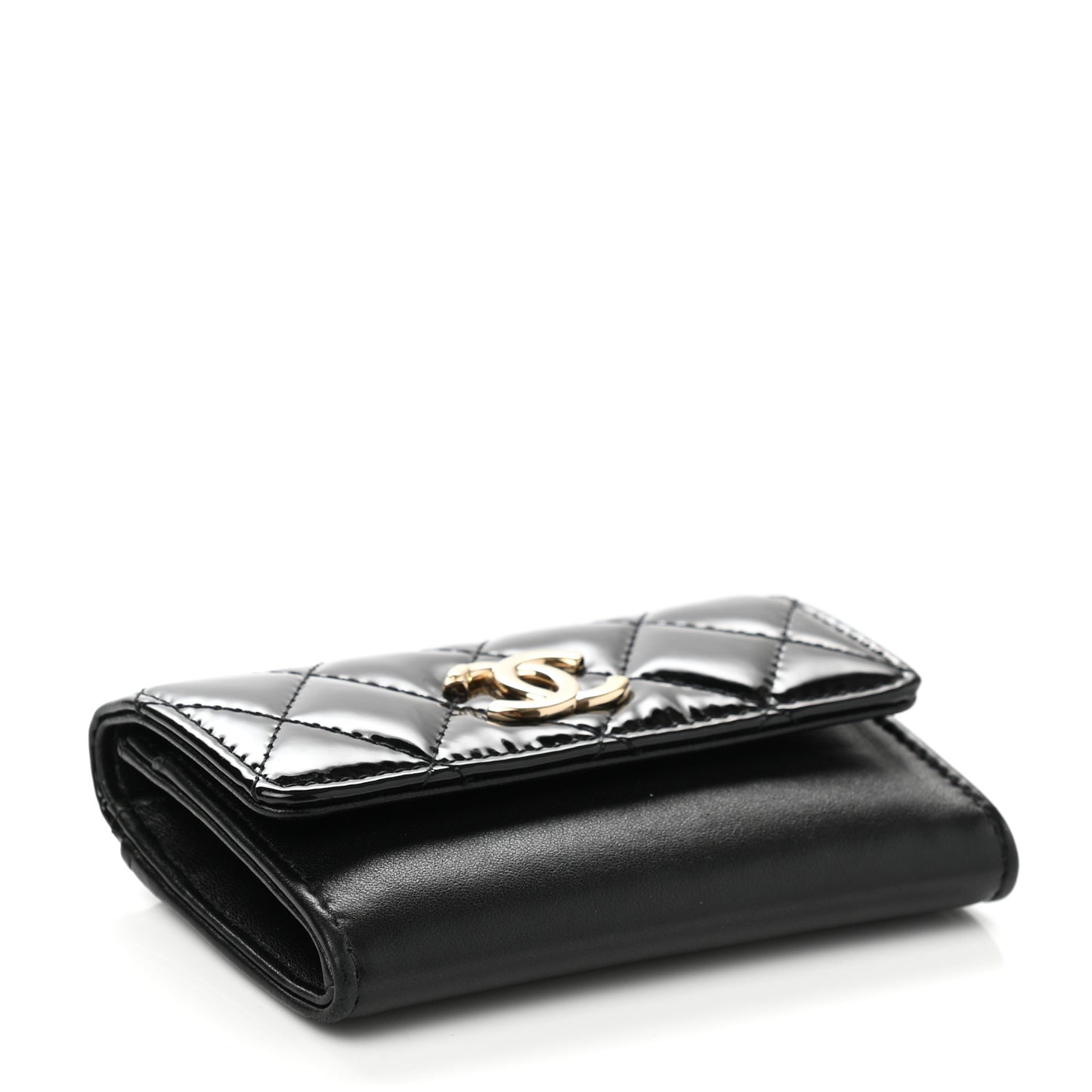 Patent Calfskin Quilted Flap Card Holder Black