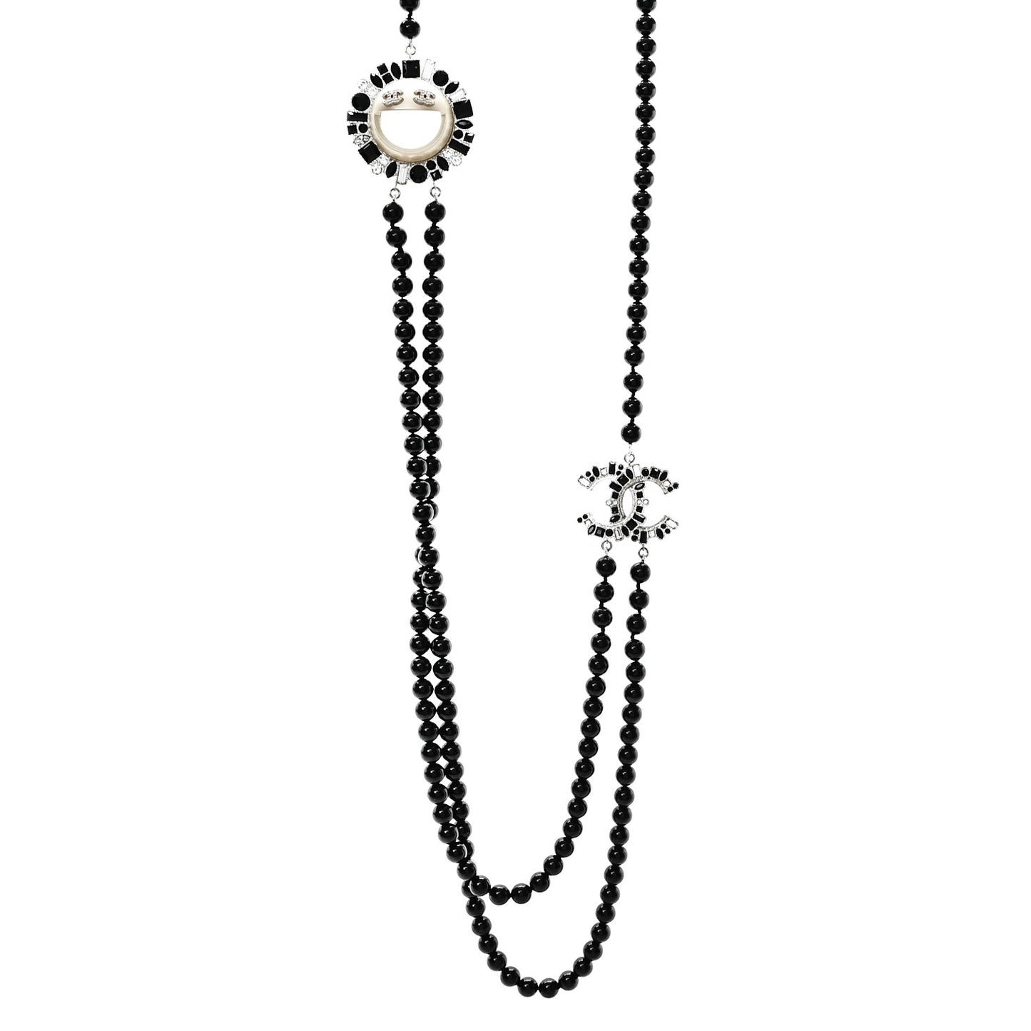 Bead Crystal Baguette Multi Strand CC Smiley Emoji Necklace Silver Black