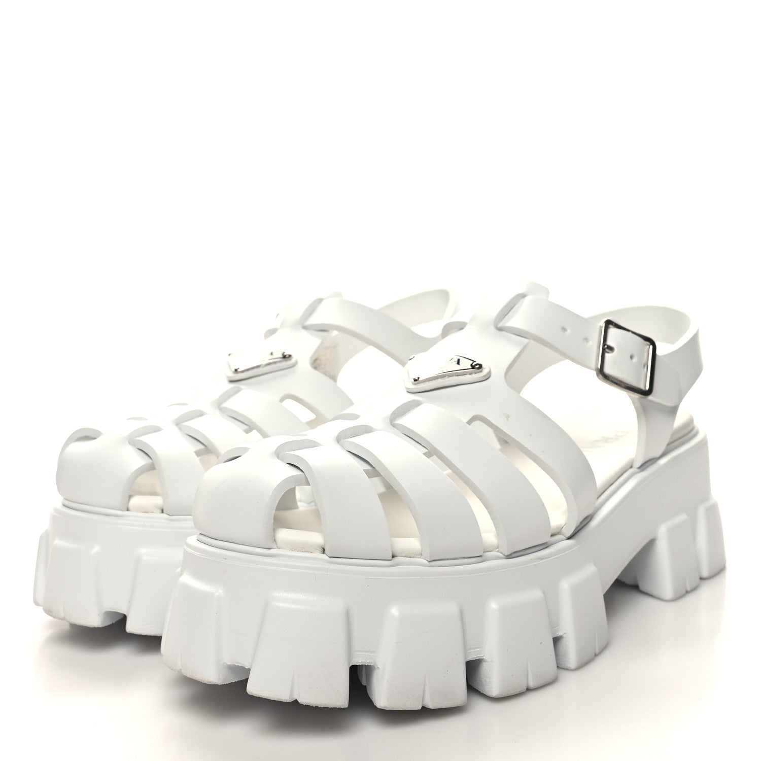 Prada Foam Rubber Metal Triangle Logo Monolith 55mm Cage Sandals 41 White 3 of 9
