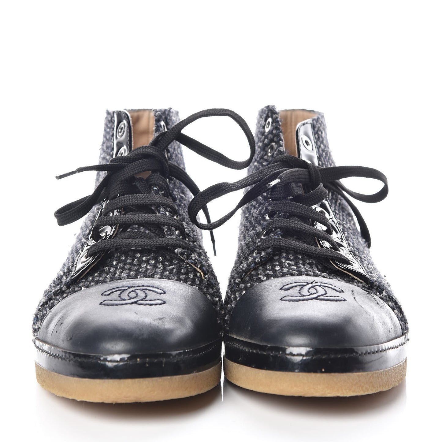 Tweed Calfskin Patent CC Lace Up Short Boots 41 Black Grey Dark Navy