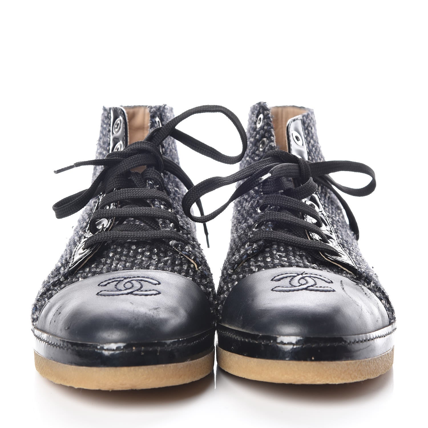 Chanel Tweed Calfskin Patent CC Lace Up Short Boots 41 Black Grey Dark Navy 2 of 17