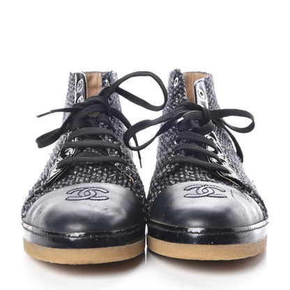Chanel Tweed Calfskin Patent CC Lace Up Short Boots 41 Black Grey Dark Navy 2 of 17