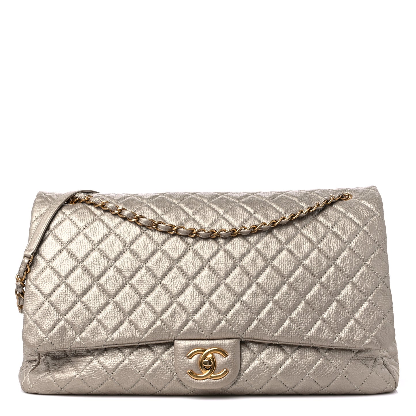 Metallic Calfskin Quilted XXL Travel Flap Bag Gold