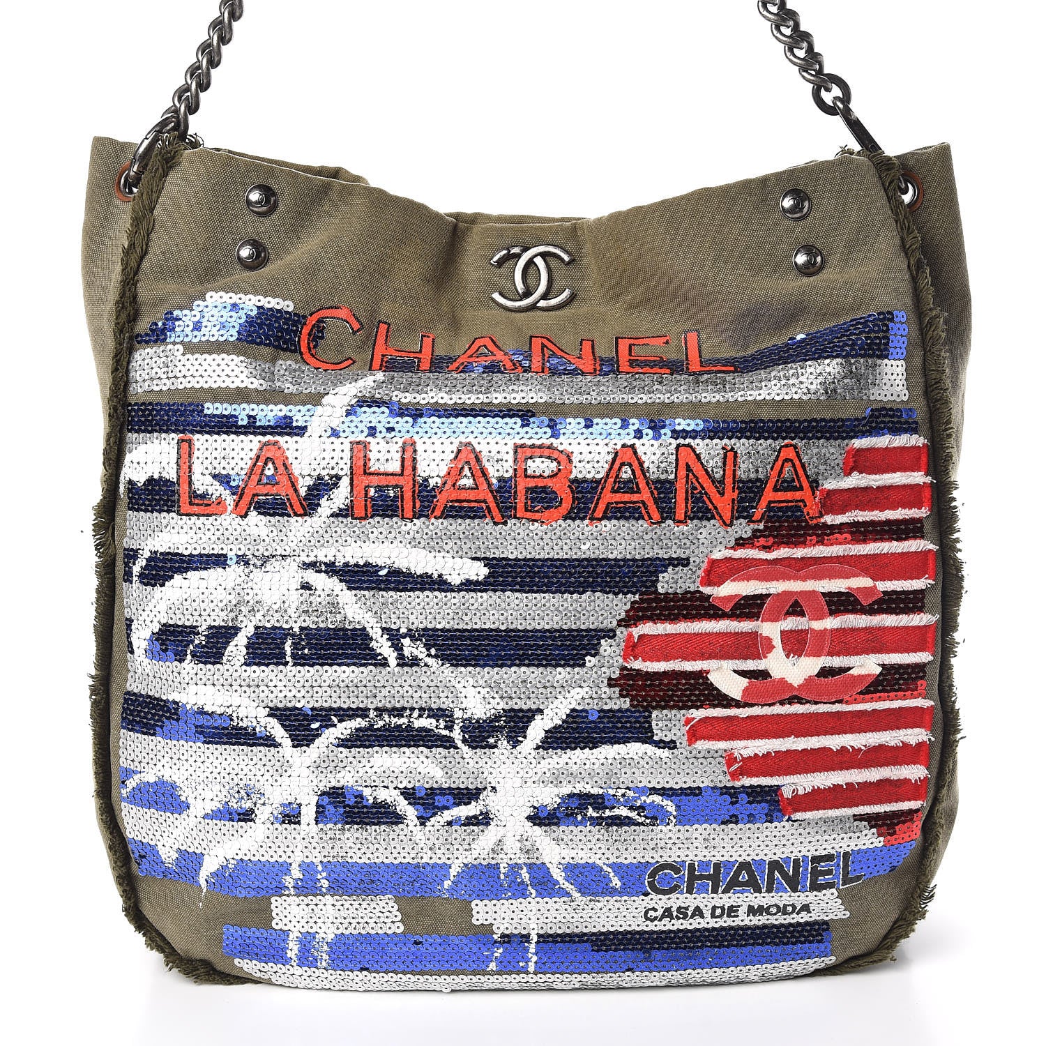 Chanel Canvas Sequins Cubano Trip Hobo Khaki 12 of 13