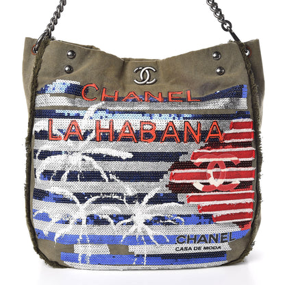 Chanel Canvas Sequins Cubano Trip Hobo Khaki 12 of 13