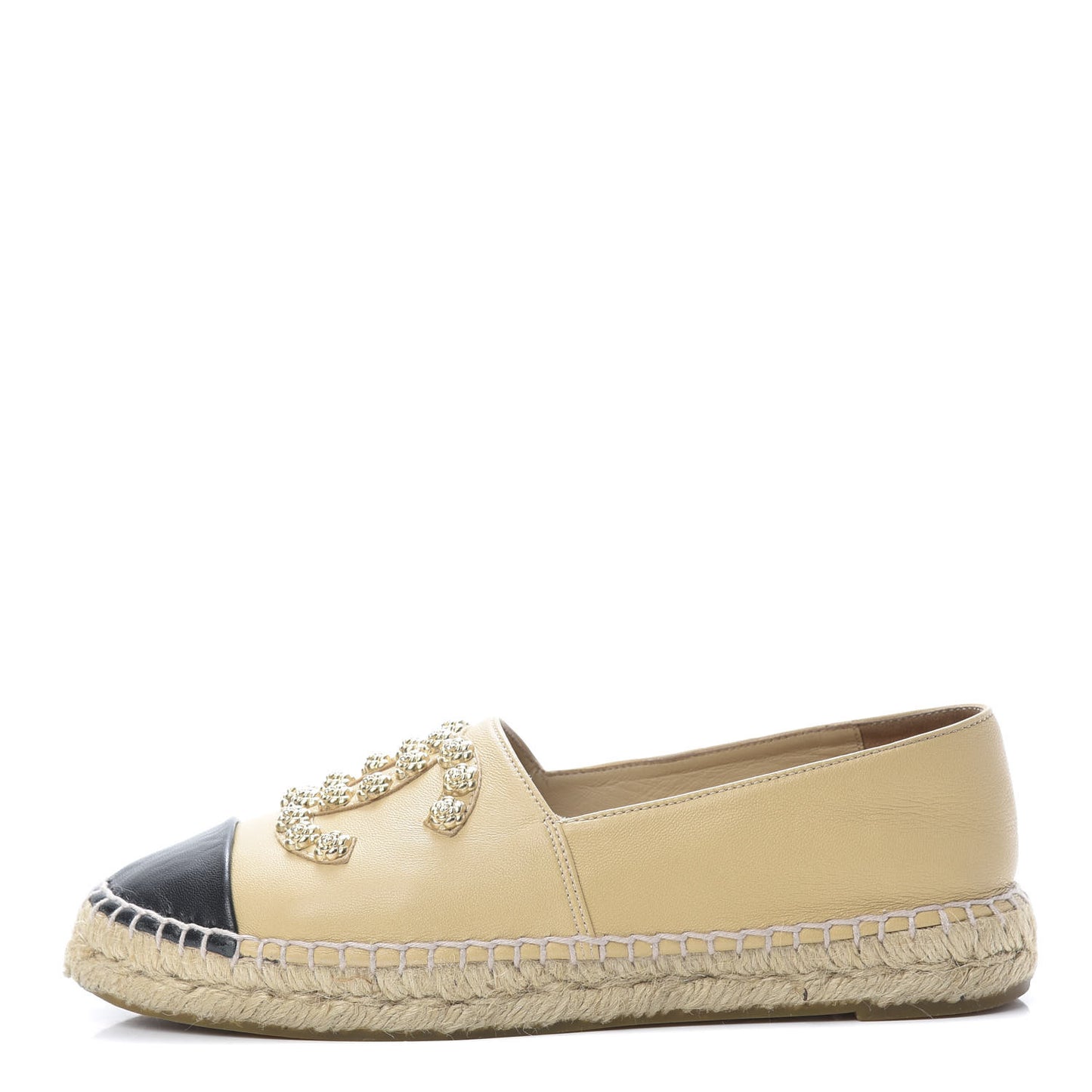 Lambskin CC Camellia Stud Espadrilles 37 Beige Black