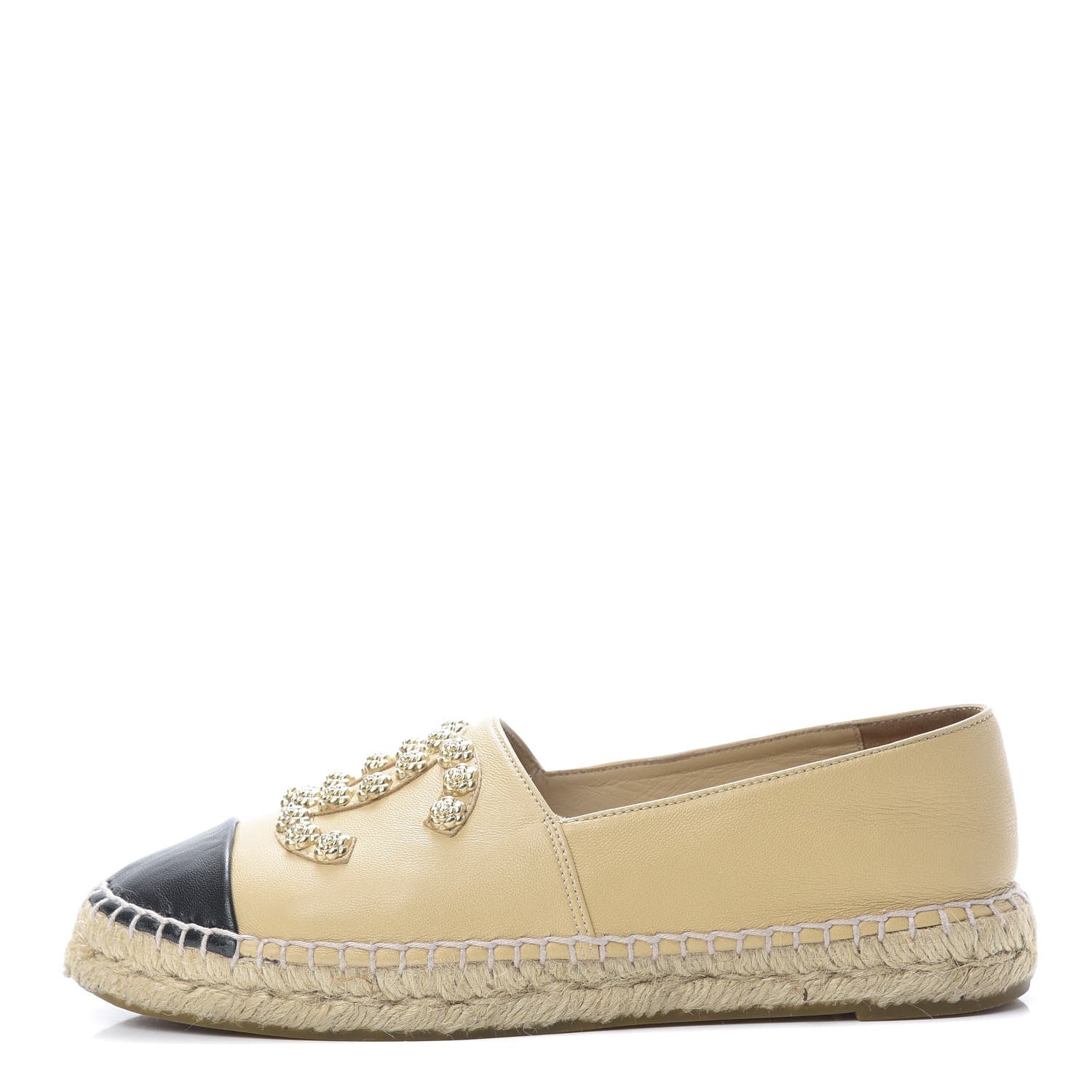 Chanel Lambskin CC Camellia Stud Espadrilles 37 Beige Black 1 of 11