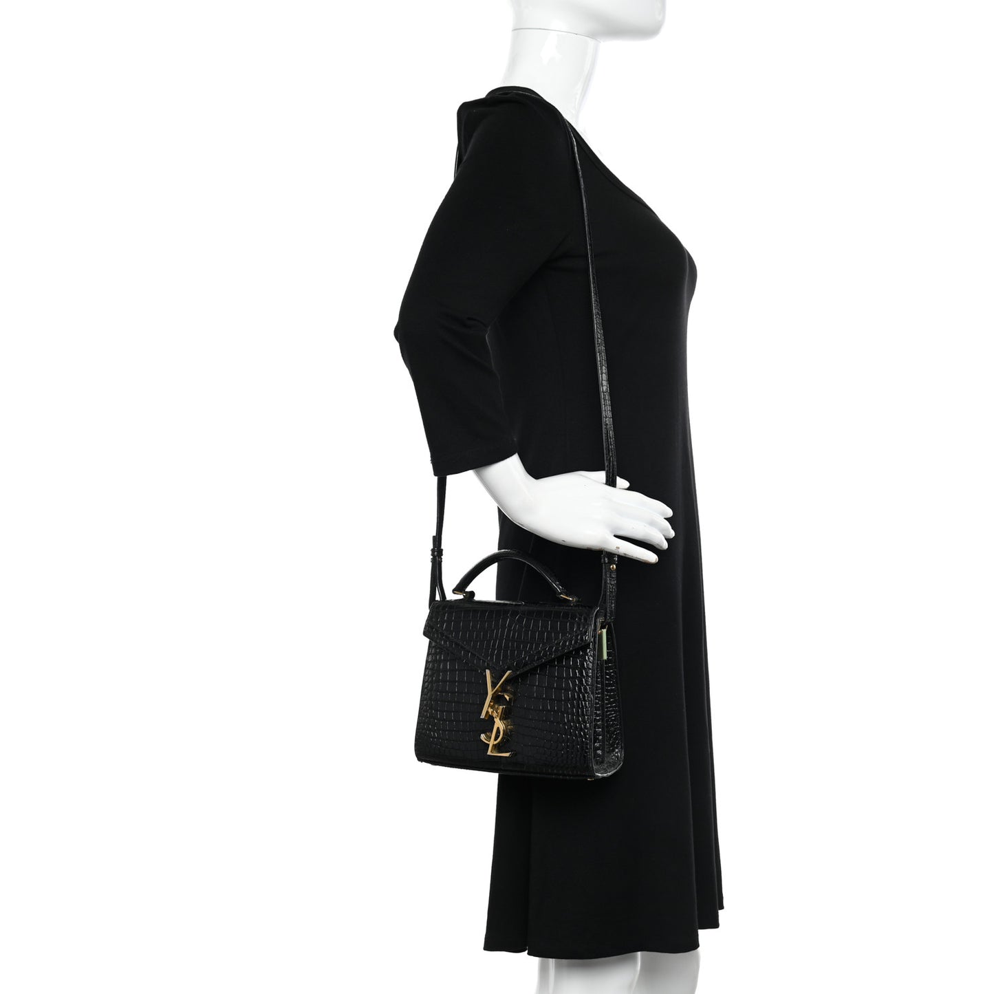 Calfskin Crocodile Embossed Mini Classic Monogram Cassandra Top Handle Black