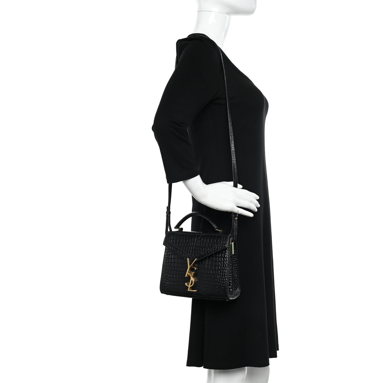 Saint Laurent Calfskin Crocodile Embossed Mini Classic Monogram Cassandra Top Handle Black 2 of 12