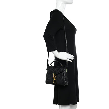 Saint Laurent Calfskin Crocodile Embossed Mini Classic Monogram Cassandra Top Handle Black 2 of 12