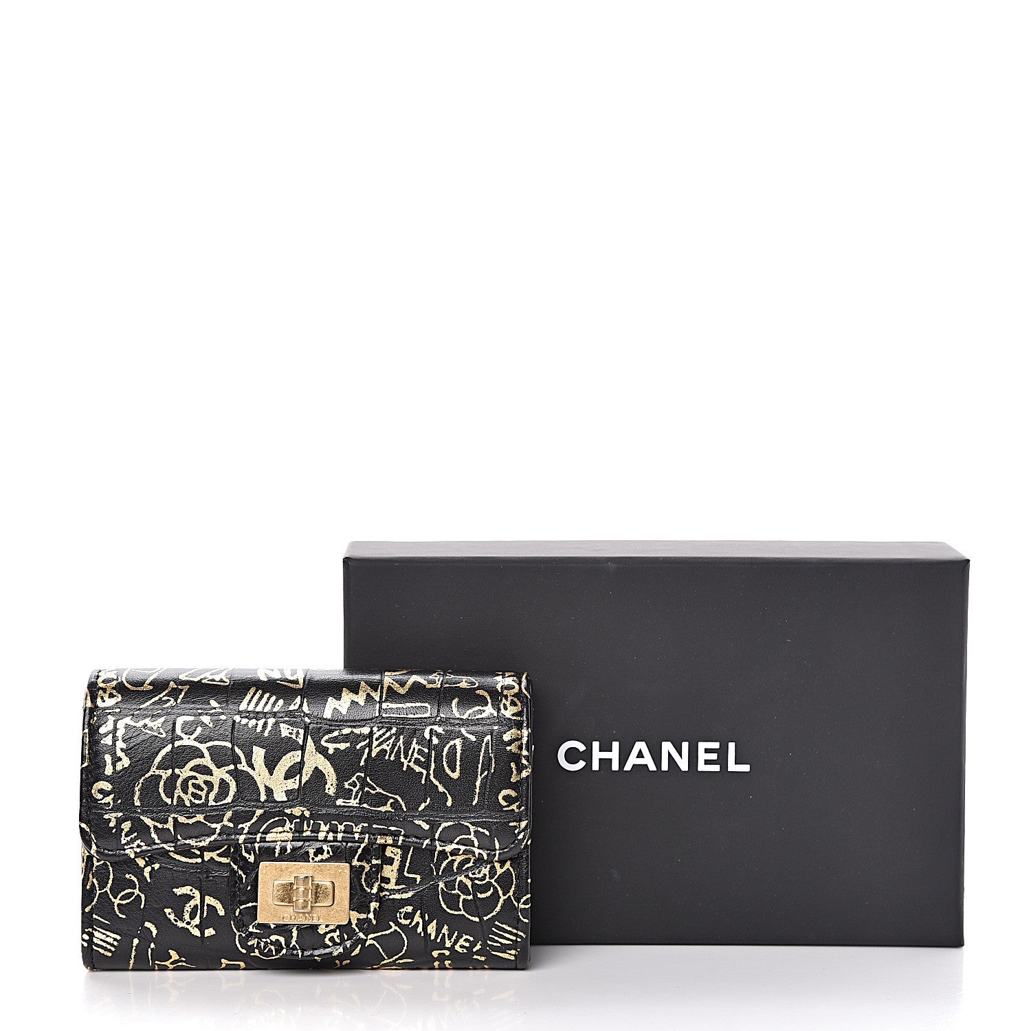 Chanel Calfskin Crocodile Embossed Graffiti Reissue Card Holder Wallet Black Gold 9 of 9