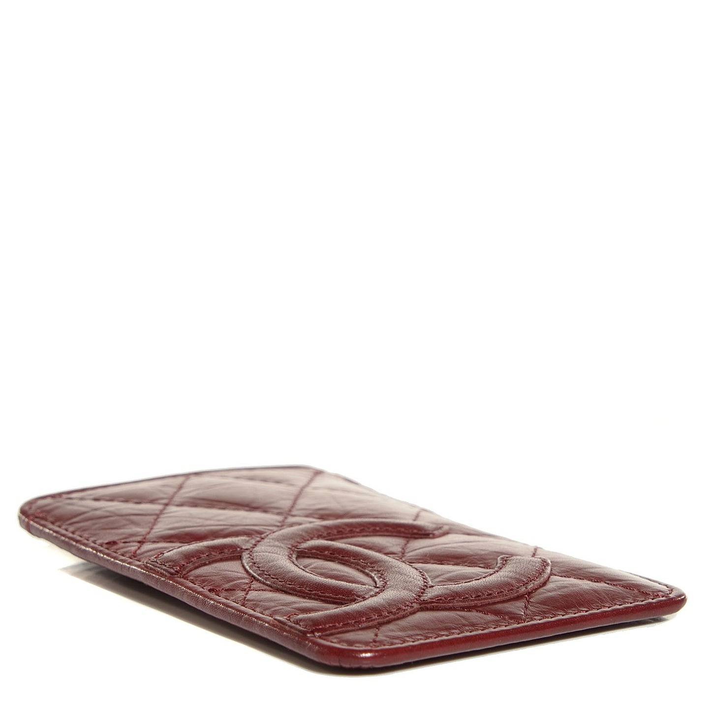 Aged Calfskin Quilted Cambon Card Case Holder Dark Red