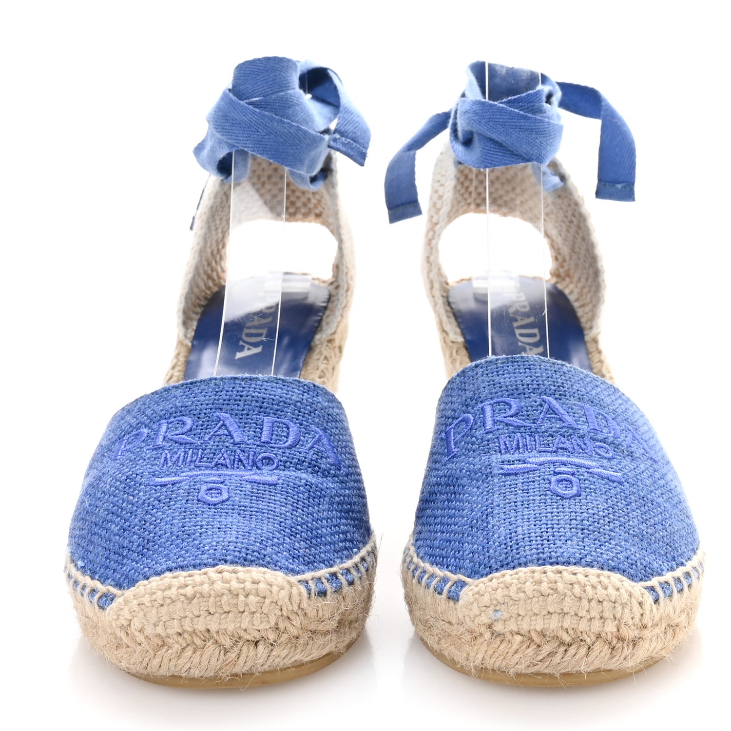 Prada Linen Logo Espadrille 90mm Wedge Sandals 39 Azzurro 3 of 9