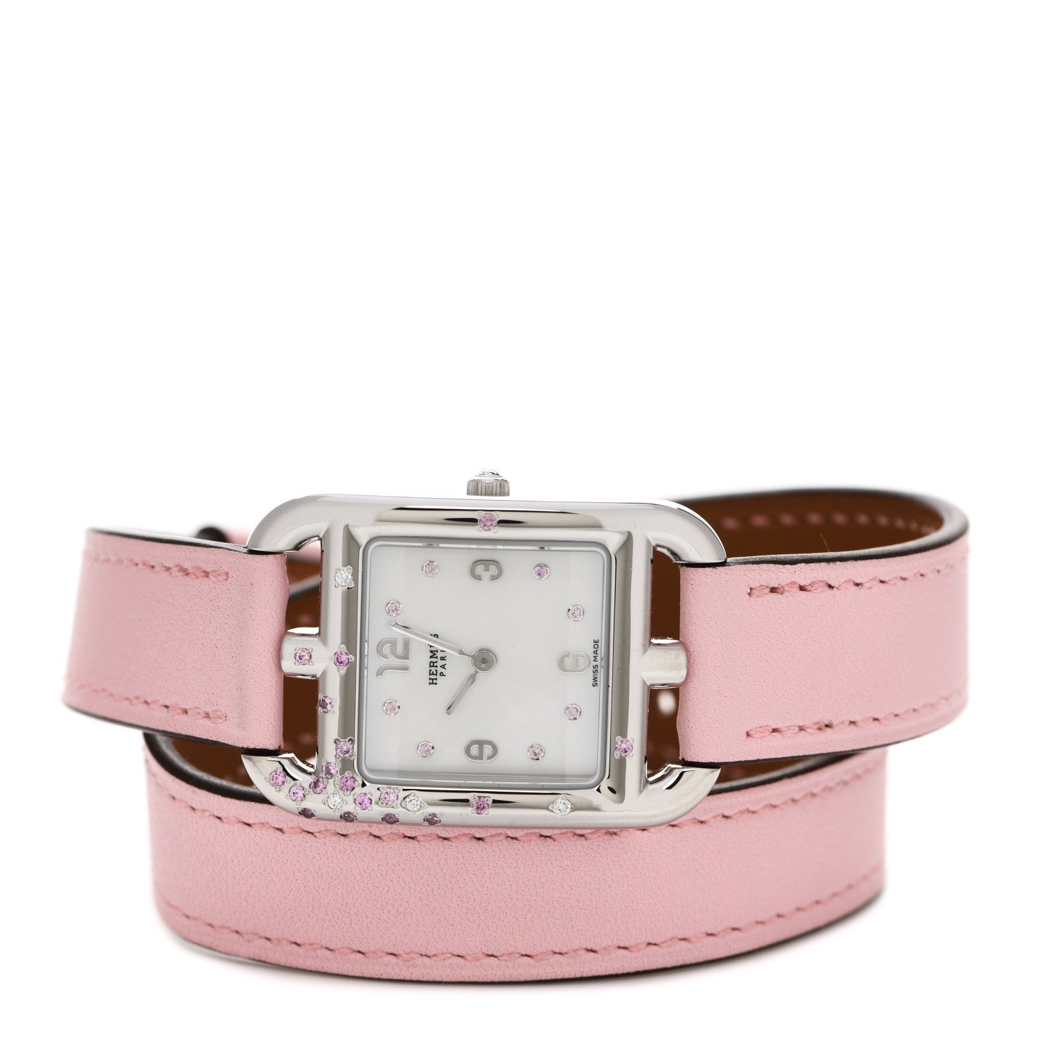 Hermes Stainless Steel Swift Diamond Pink Sapphire Mother of Pearl 23mm Cape Cod Double Tour Quartz Watch Rose Sakura 2 of 5