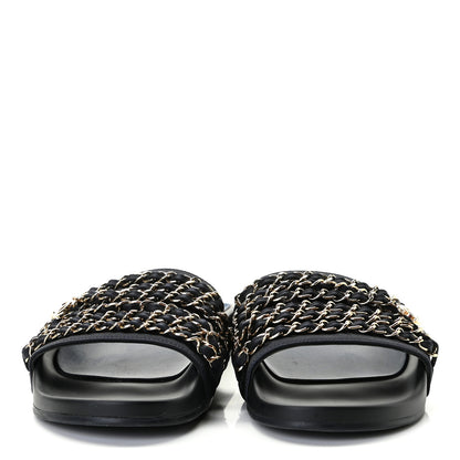 Chanel Satin Canvas Chain Slides Sandals Flats 38 Marine 5 of 8
