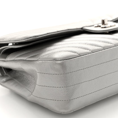 Chanel Metallic Caviar Chevron Quilted Medium Double Flap Silver 9 of 12