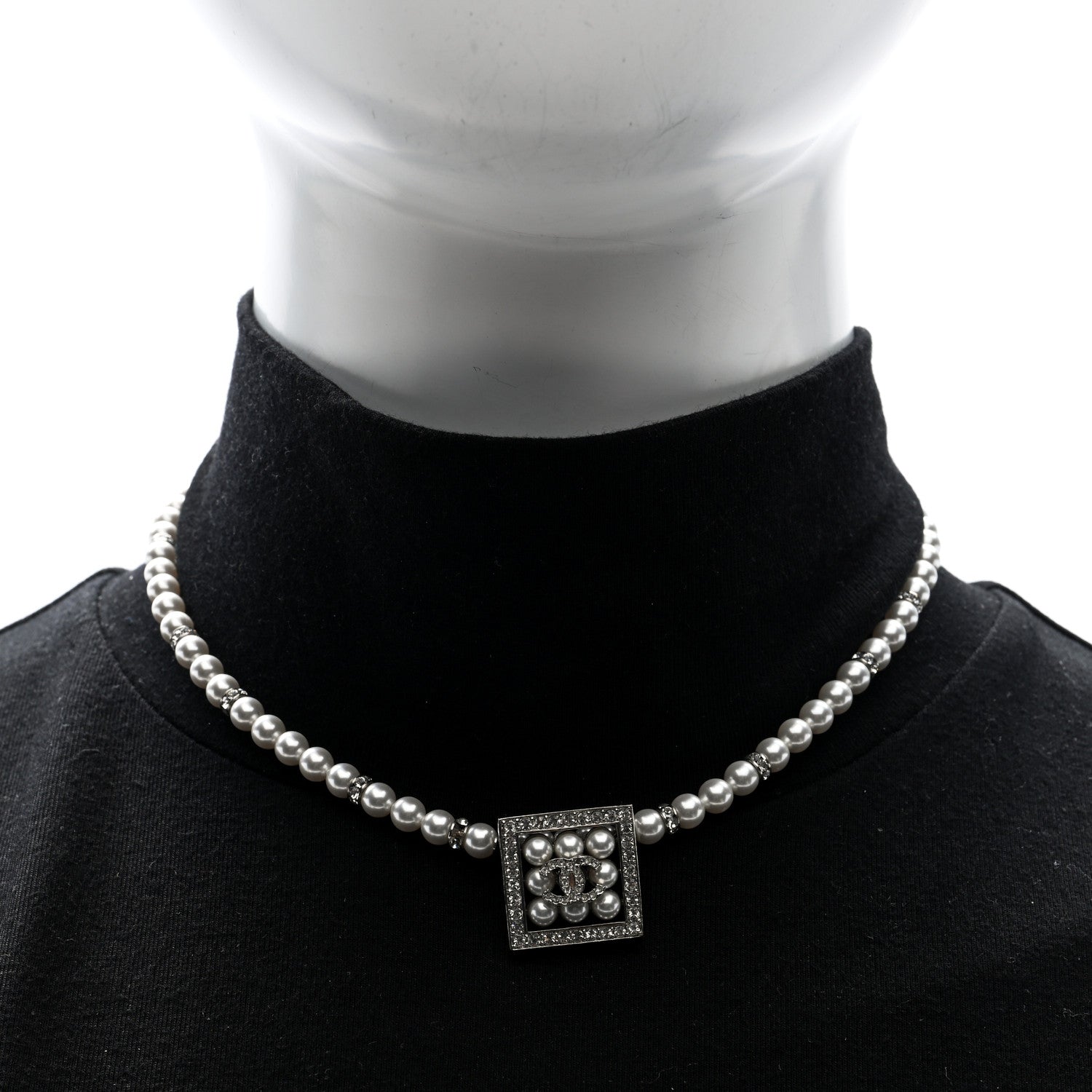 Chanel CC Crystal Square Pendant Lock Necklace Silver 2 of 4