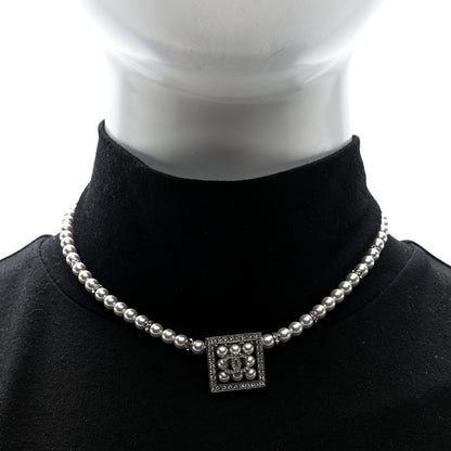 Chanel CC Crystal Square Pendant Lock Necklace Silver 2 of 4