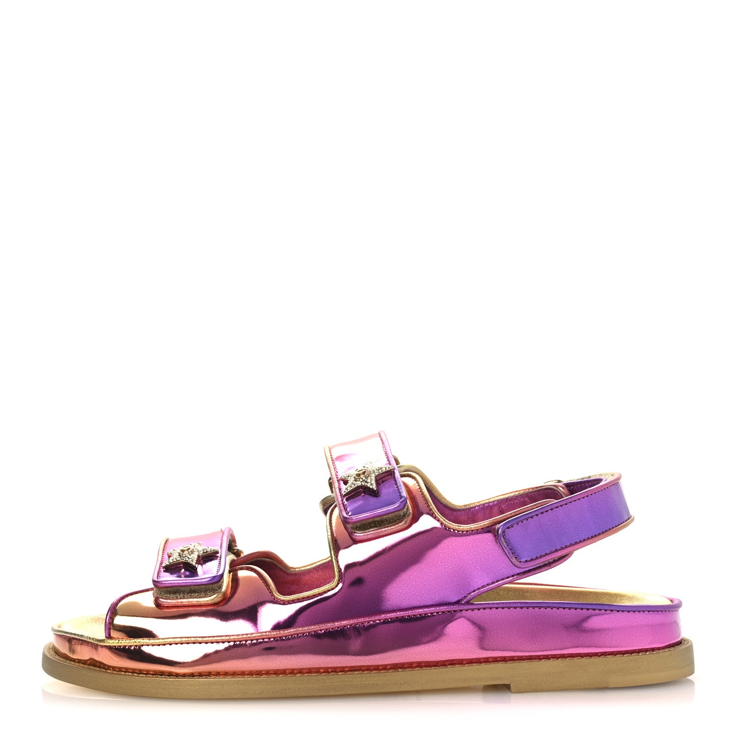 Metallic Laminated Calfskin Crystal Star CC Velcro Dad Sandals 39.5 Pink Orange Yellow