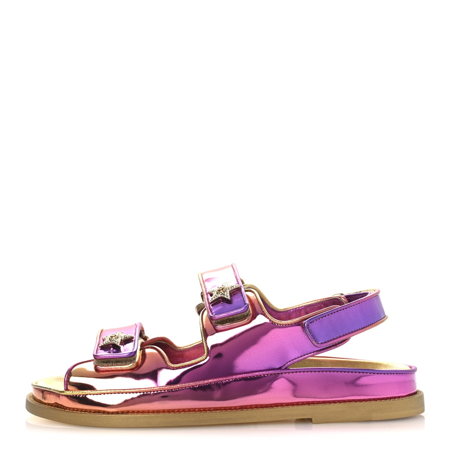 Metallic Laminated Calfskin Crystal Star CC Velcro Dad Sandals 39.5 Pink Orange Yellow