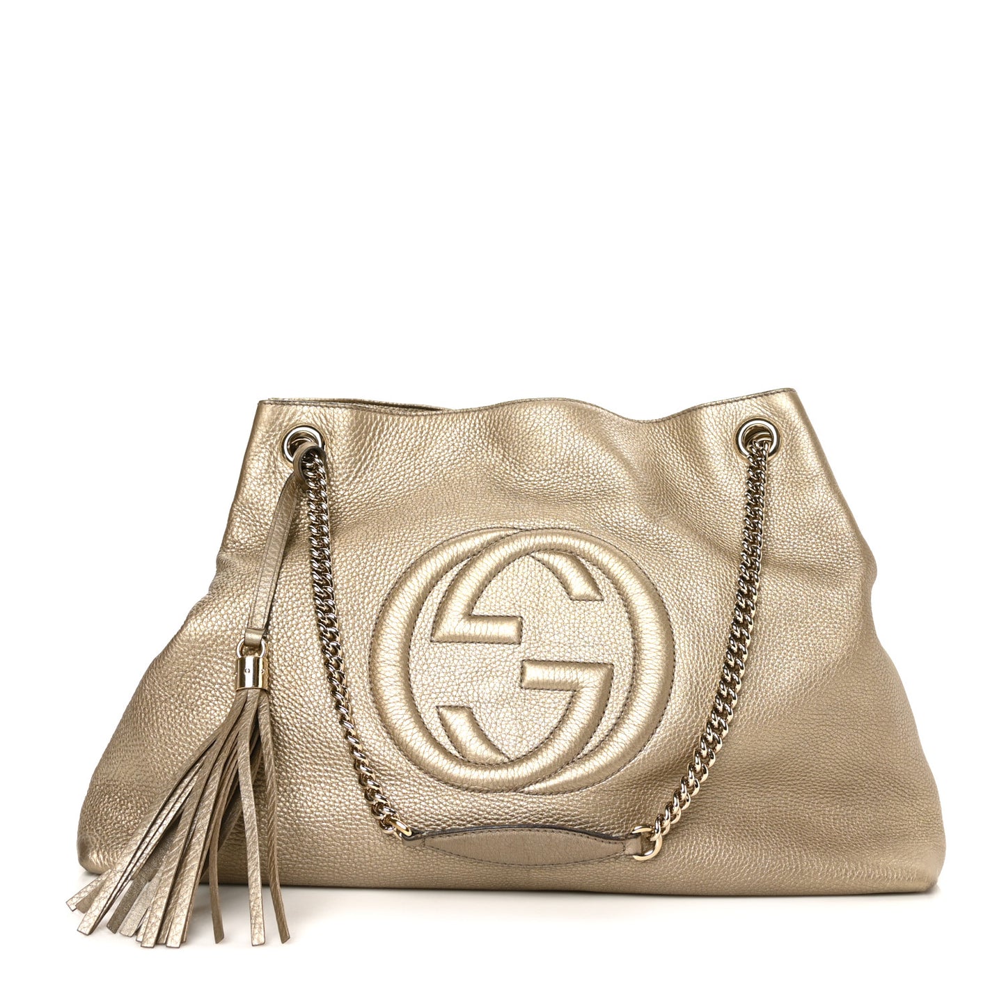 Metallic Pebbled Calfskin Large Soho Chain Shoulder Bag Golden Beige