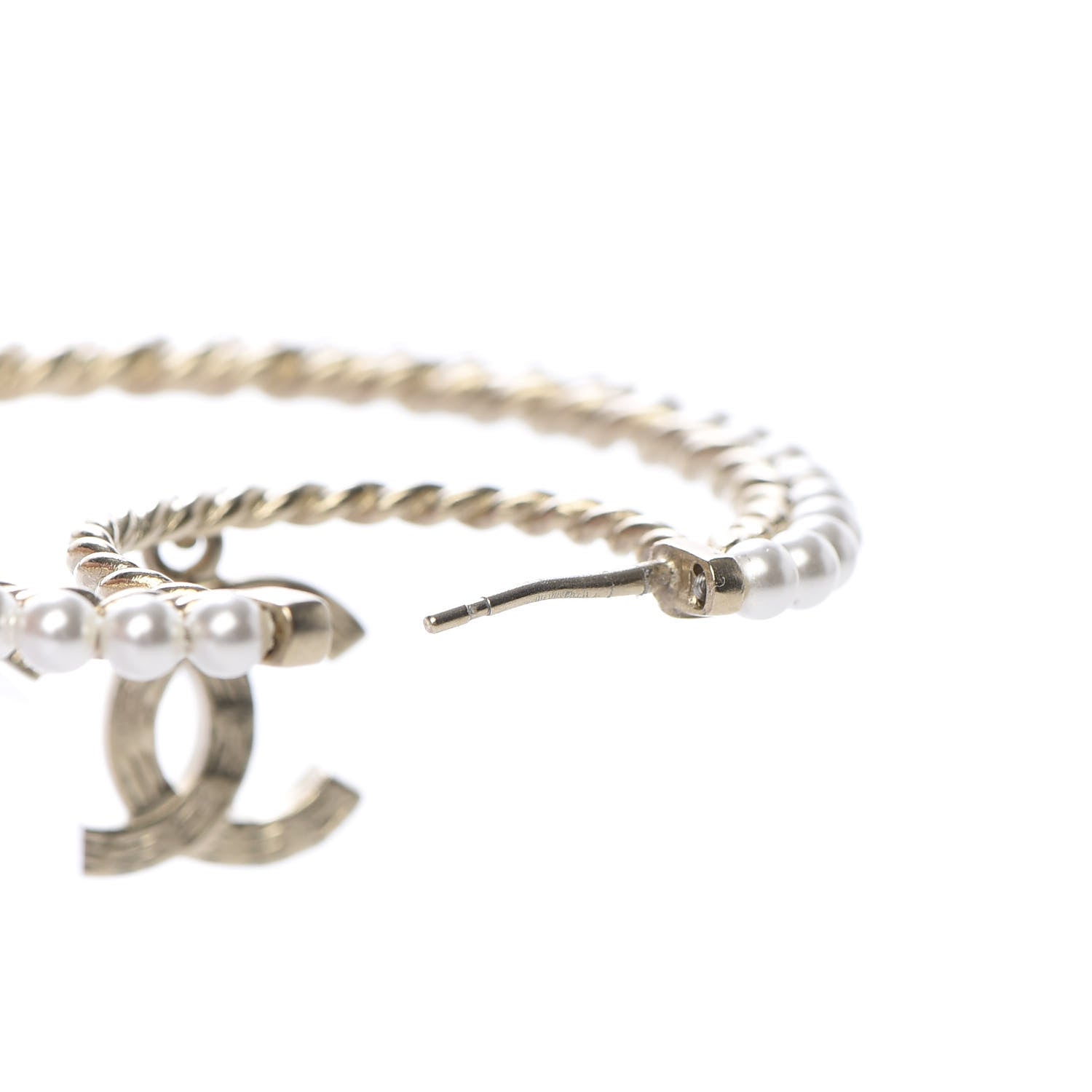 Chanel Crystal Pearl CC Drop Hoop Earrings Gold Pearly White 6 of 7