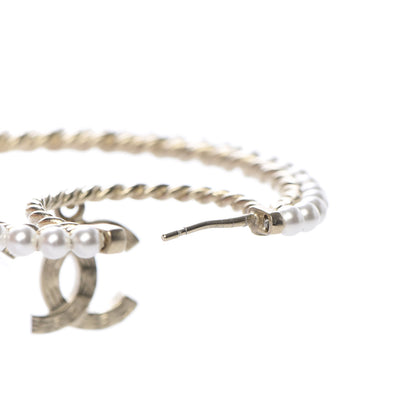 Chanel Crystal Pearl CC Drop Hoop Earrings Gold Pearly White 6 of 7