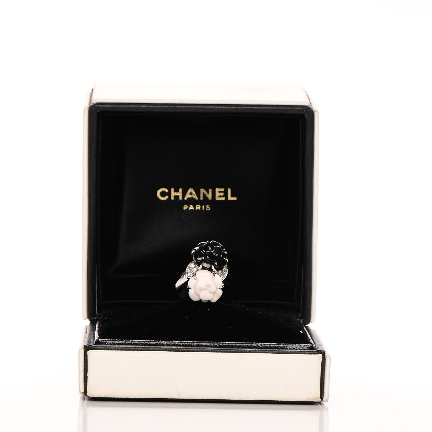 Chanel 18K White Gold Onyx White Agate Diamond Camellia Ring 4.5 6 of 6