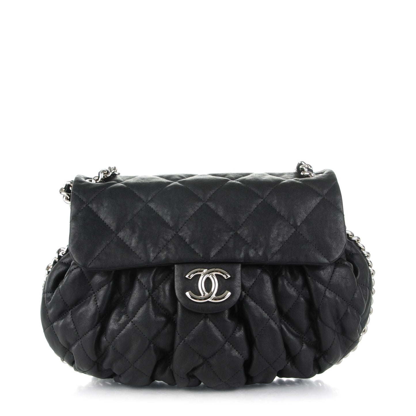 Washed Lambskin Quilted Medium Chain Around Messenger Black