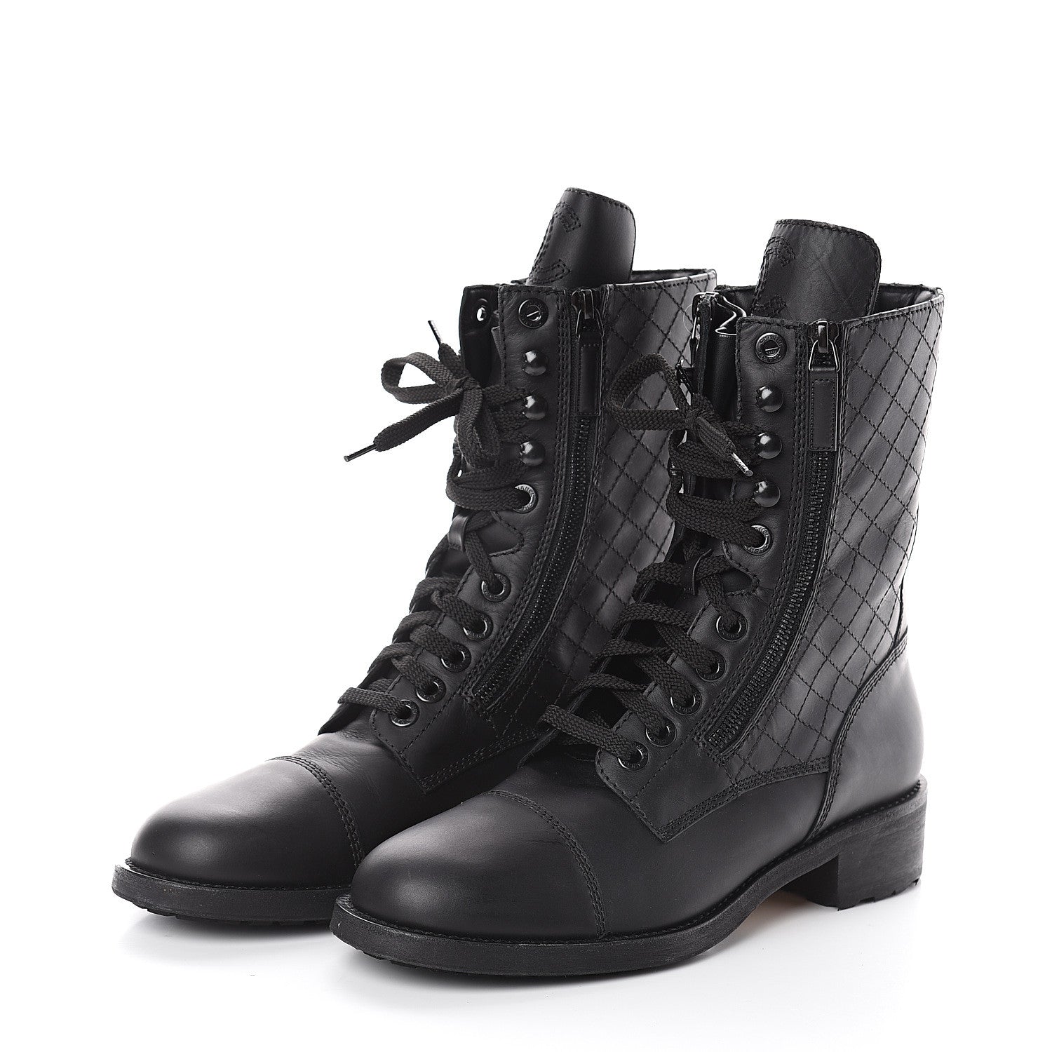 Chanel Calfskin Quilted CC Tall Lace Up Combat Boots 40 Black 3 of 6