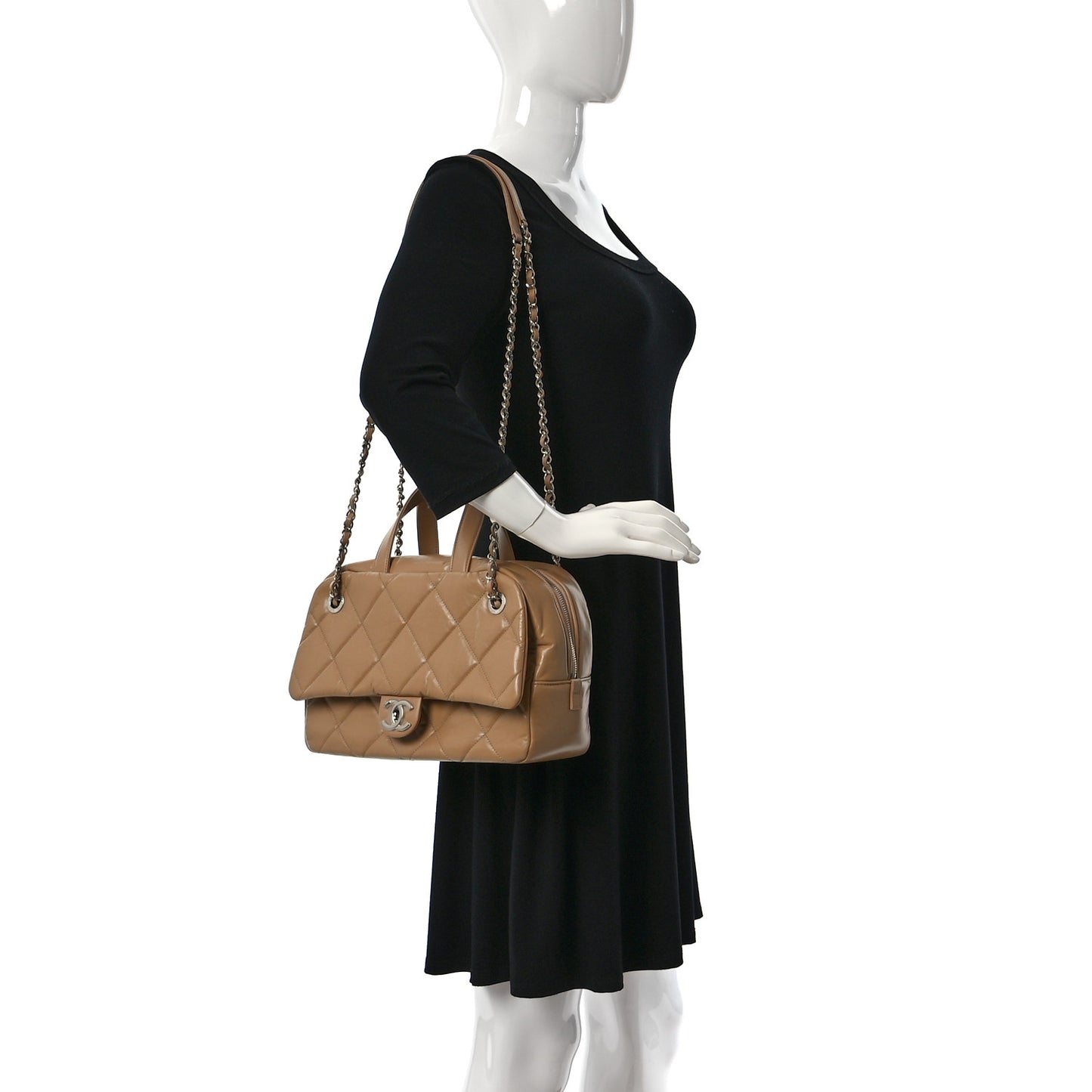 Aged Calfskin Quilted Small Express Bowling Bag Beige