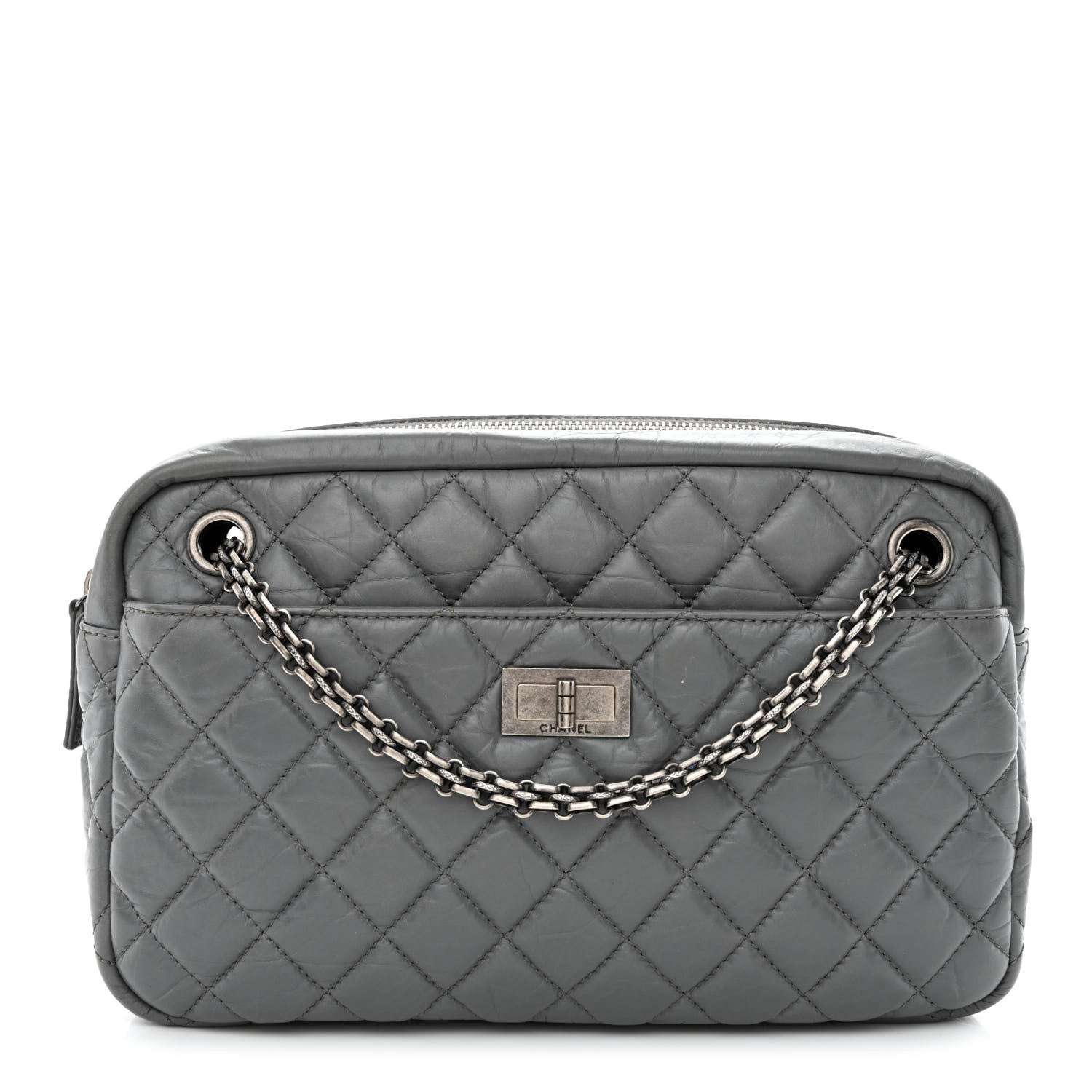 this is an image of CHANEL Aged Calfskin Quilted Medium Reissue Camera Case bag in the color Grey by FASHIONPHILE