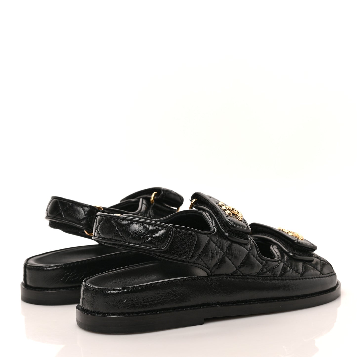 Crumpled Shiny Lambskin Velcro Dad Sandals 36 Black
