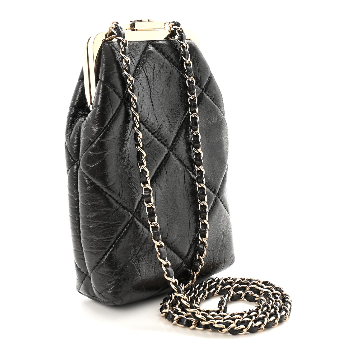 Chanel Shiny Aged Lambskin Quilted Kiss Lock Clutch With Chain Black 3 of 10