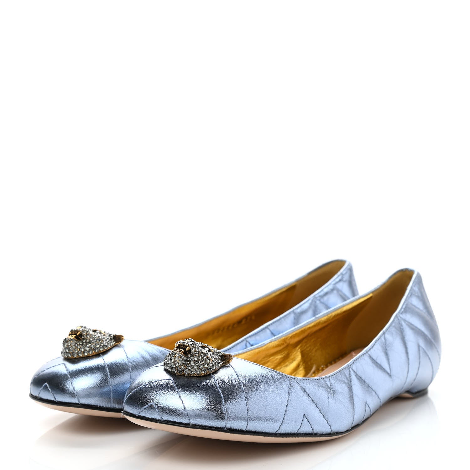Gucci Metallic Nappa Trapuntata Tiger Head Ballerina Flats 37.5 Cielo 3 of 10