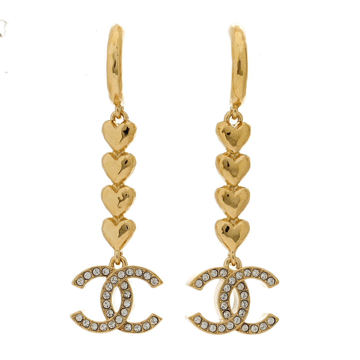 Metal Crystal CC Heart Hoop Long Drop Earrings Gold