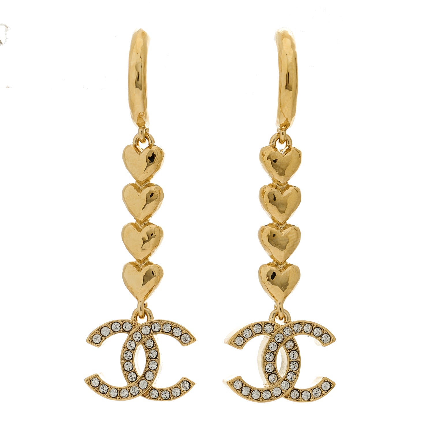 Chanel Metal Crystal CC Heart Hoop Long Drop Earrings Gold 1 of 5