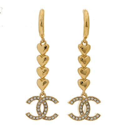 Chanel Metal Crystal CC Heart Hoop Long Drop Earrings Gold 1 of 5