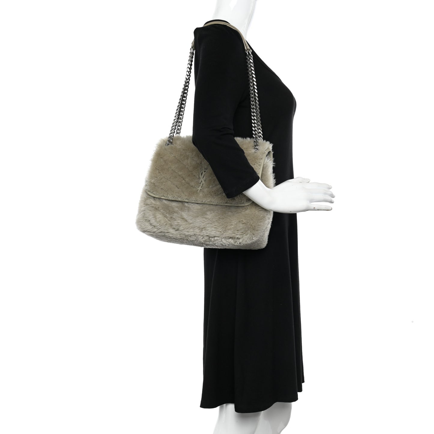 Calfskin Shearling Monogram Medium Niki Chain Satchel Grey